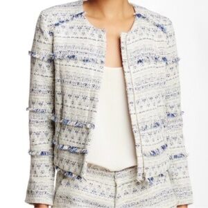 Tesita Tweed Fringe  Cream and Navy Fringe Tweed Crop Jacket